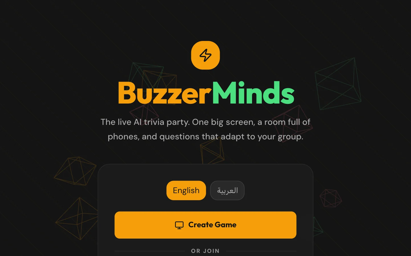 BuzzerMinds start screen with Create Game and Room Code